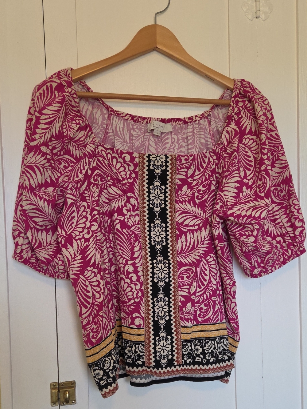 LOFT Palm Bubble Sleeve Square Neck Blouse Large Boho Hippie Peasant Magenta